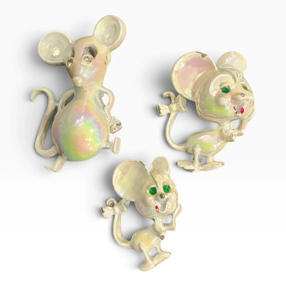 Vintage Gerry's Mouse Brooch Lot Iridescent White Enamel Rhinestone Eyes 3 Pc